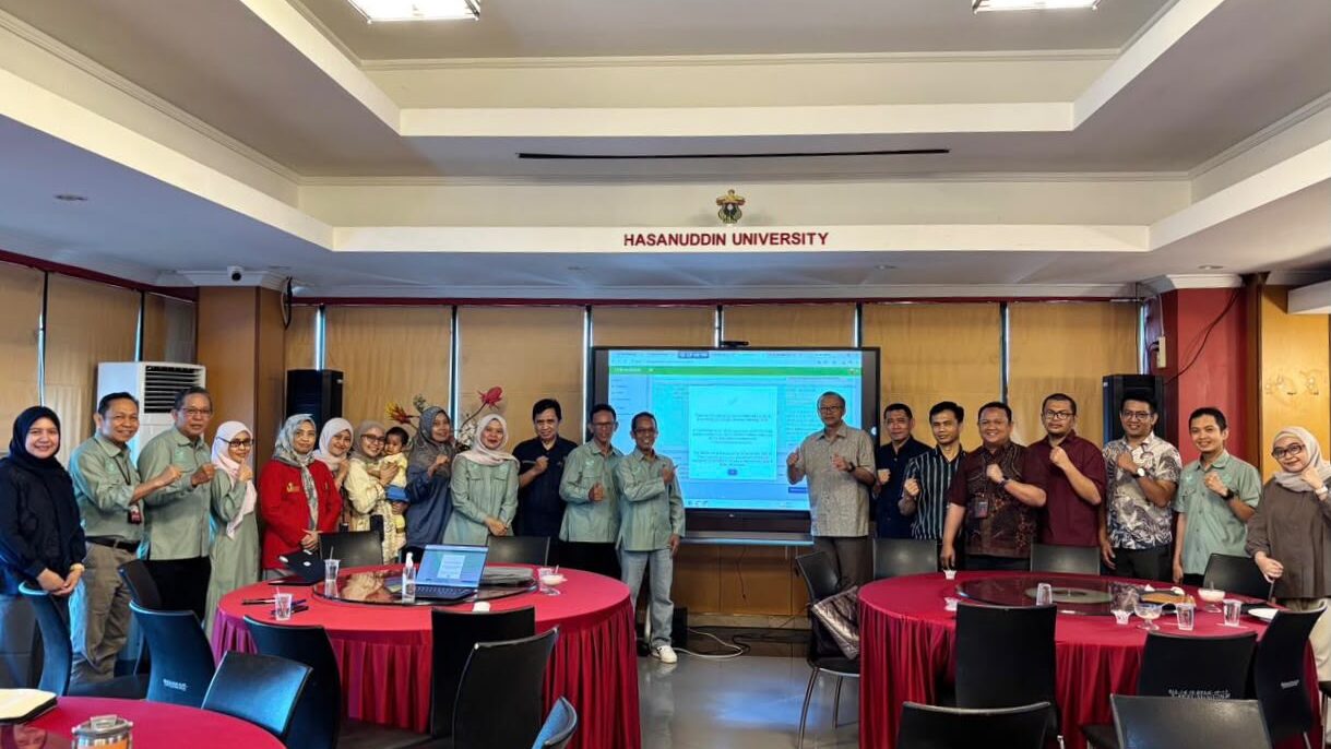 The Unhas UI GreenMetric team poses together after completing the final submission for the UI GreenMetric World University Rankings 2026.